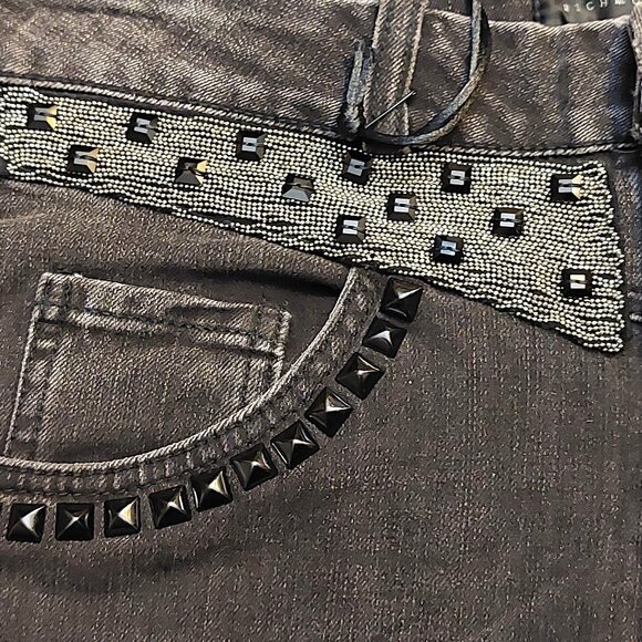 John Richmond Silver Black Studs & Chain Detail on Black Washed Denim Jeans 27 - Picture 8 of 16